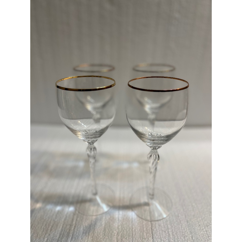 Set of‎ 4 Elegant Clear Wine Glasses with Gold Rim Twisted Stem